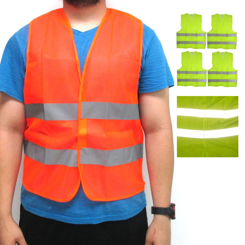 4 Pc Neon Security Safety Vest High Visibility Reflective Stripes Orange Yellow