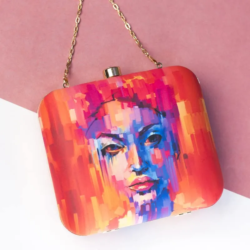 Artklim Blue Face Lady Clutch With Bright Orange Background