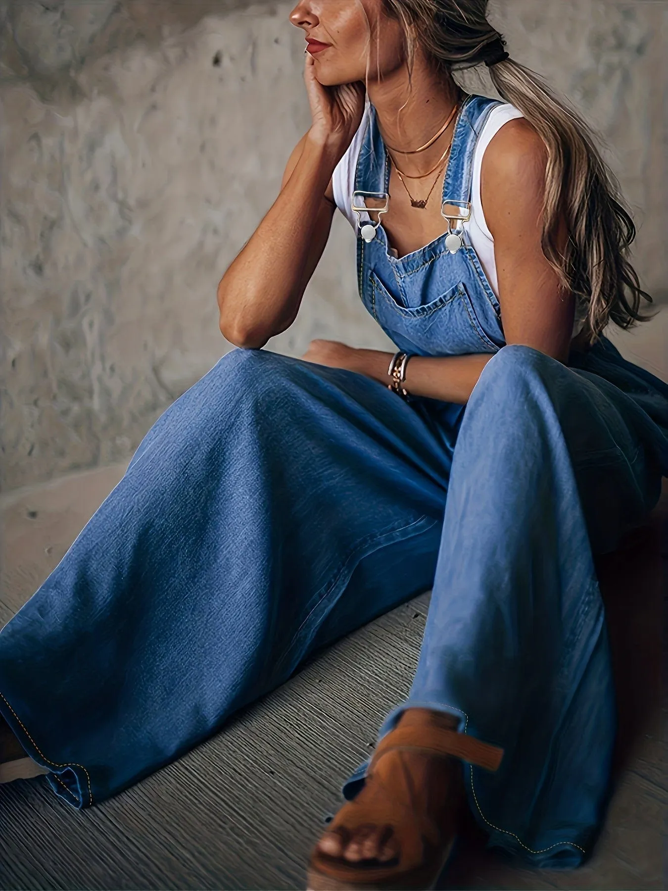 Blue Denim Wide Leg Overall Romper with Adjustable Straps