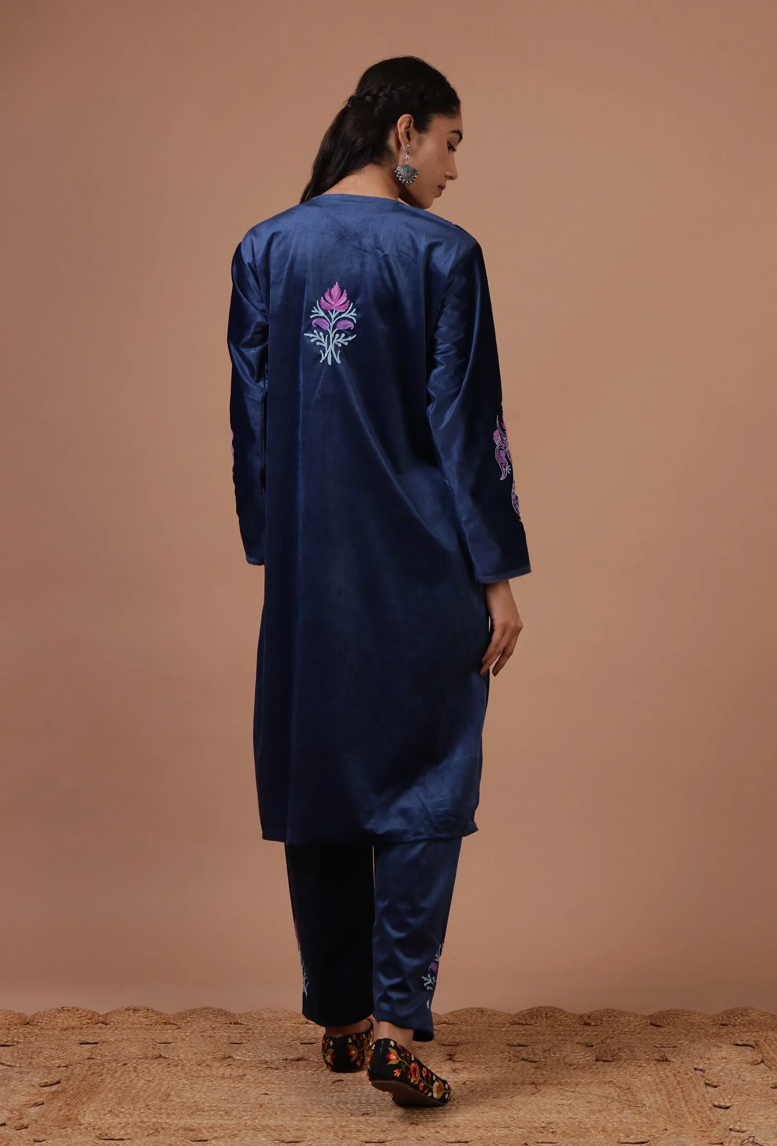 Blue Zodiac Velvet Ari Embroidered Kurta & Pant Set- Free Size