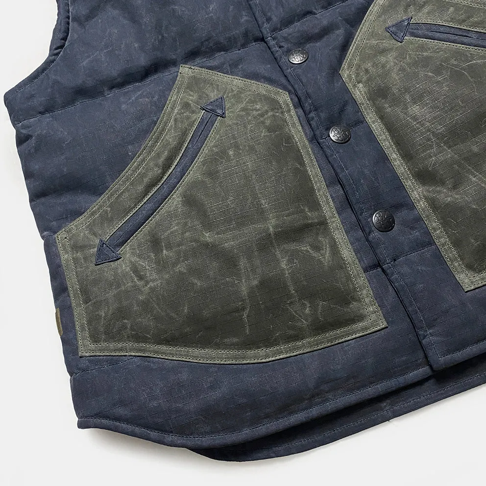 BZEN M.3009 CARLOS-WXN REGULAR FIT 4 POCKET WAXED RIP STOP QUILTED VEST-6OZ-WAX NAVY CAUTION:DO NOT WASH