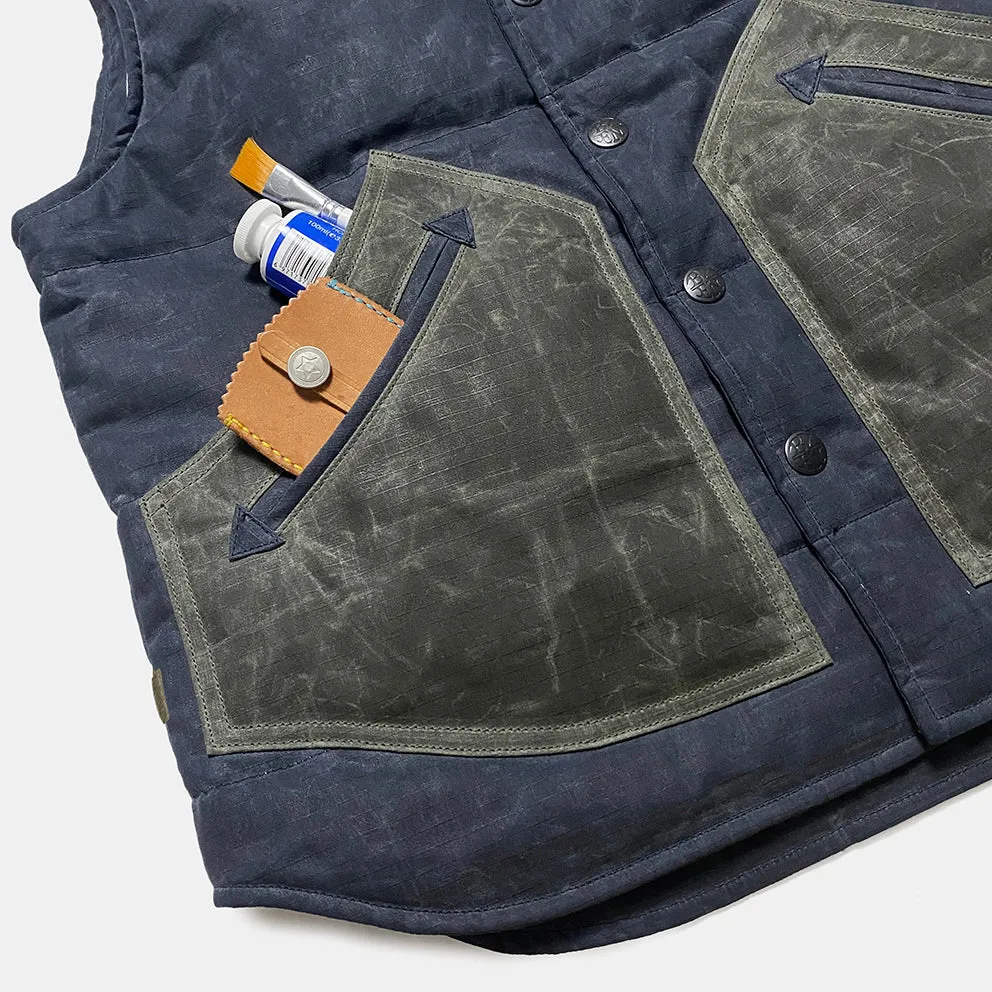 BZEN M.3009 CARLOS-WXN REGULAR FIT 4 POCKET WAXED RIP STOP QUILTED VEST-6OZ-WAX NAVY CAUTION:DO NOT WASH