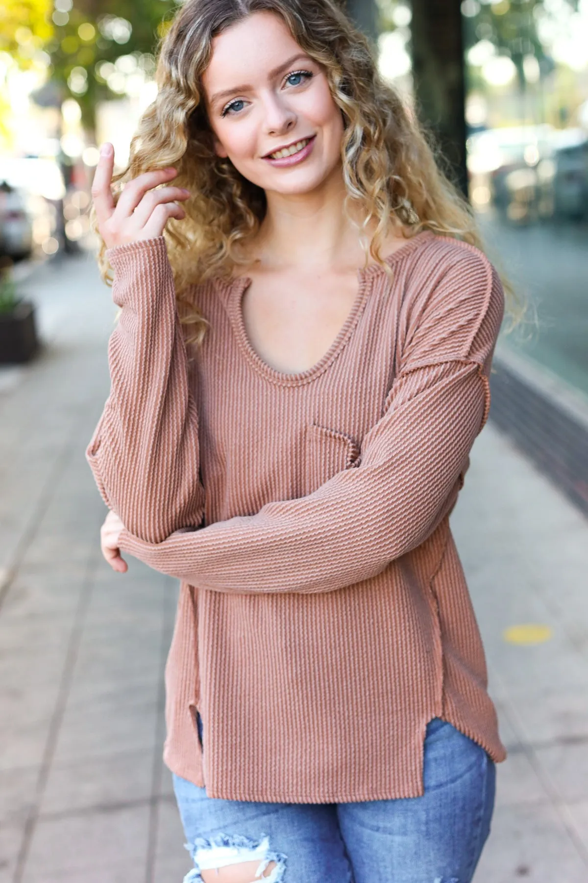 Camel Mineral Wash Rib Notch Neck Pocketed Top