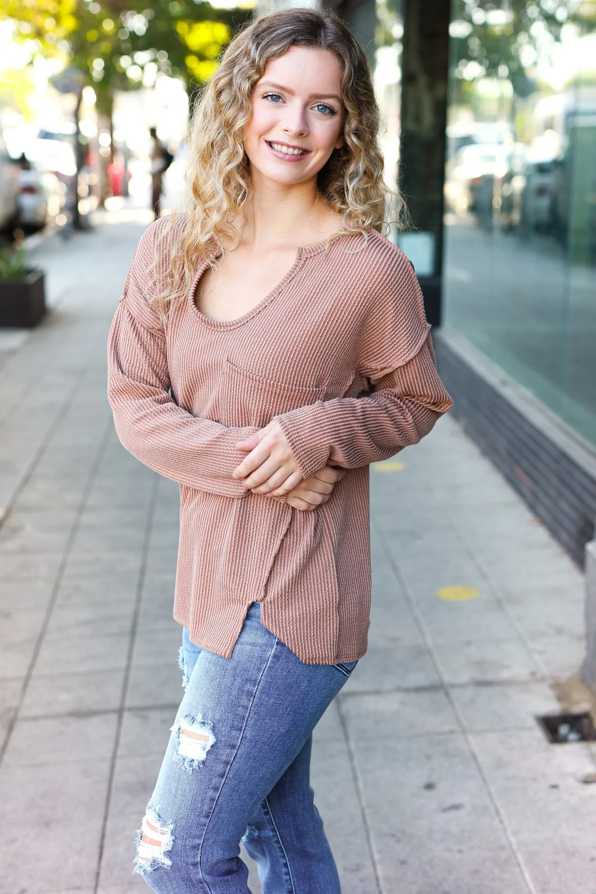 Camel Mineral Wash Rib Notch Neck Pocketed Top
