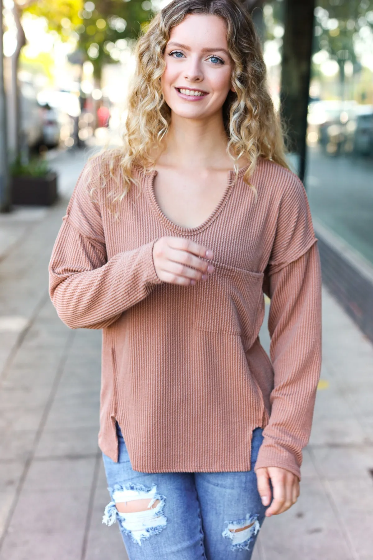 Camel Mineral Wash Rib Notch Neck Pocketed Top