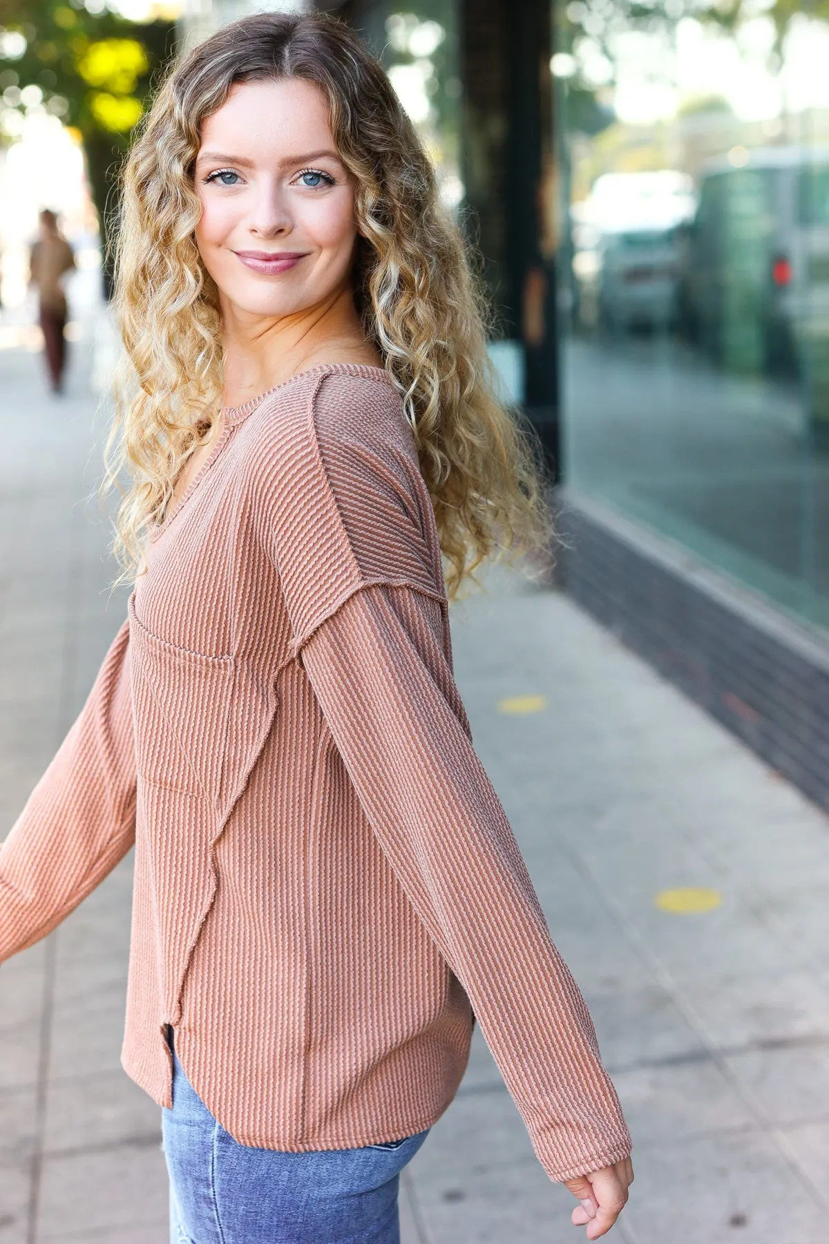 Camel Mineral Wash Rib Notch Neck Pocketed Top