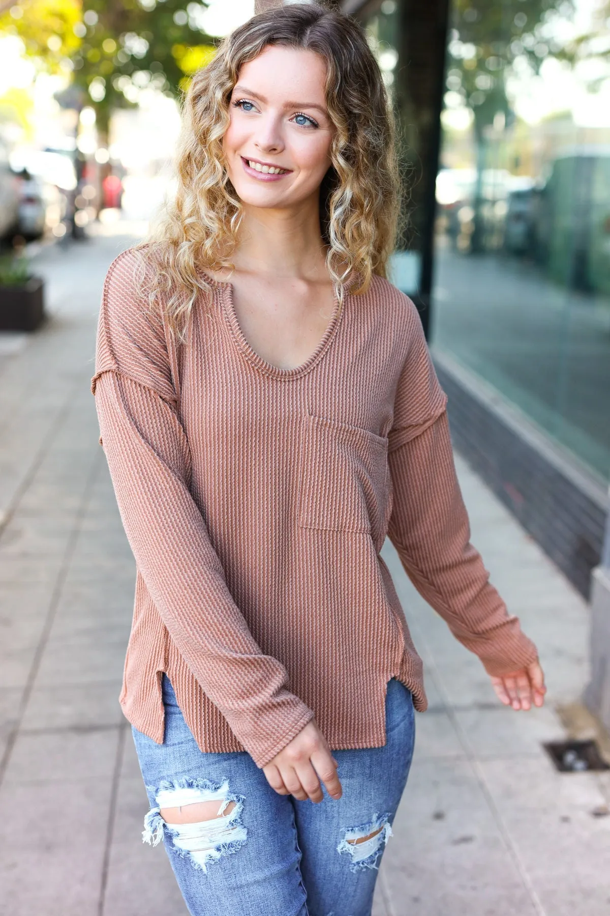 Camel Mineral Wash Rib Notch Neck Pocketed Top
