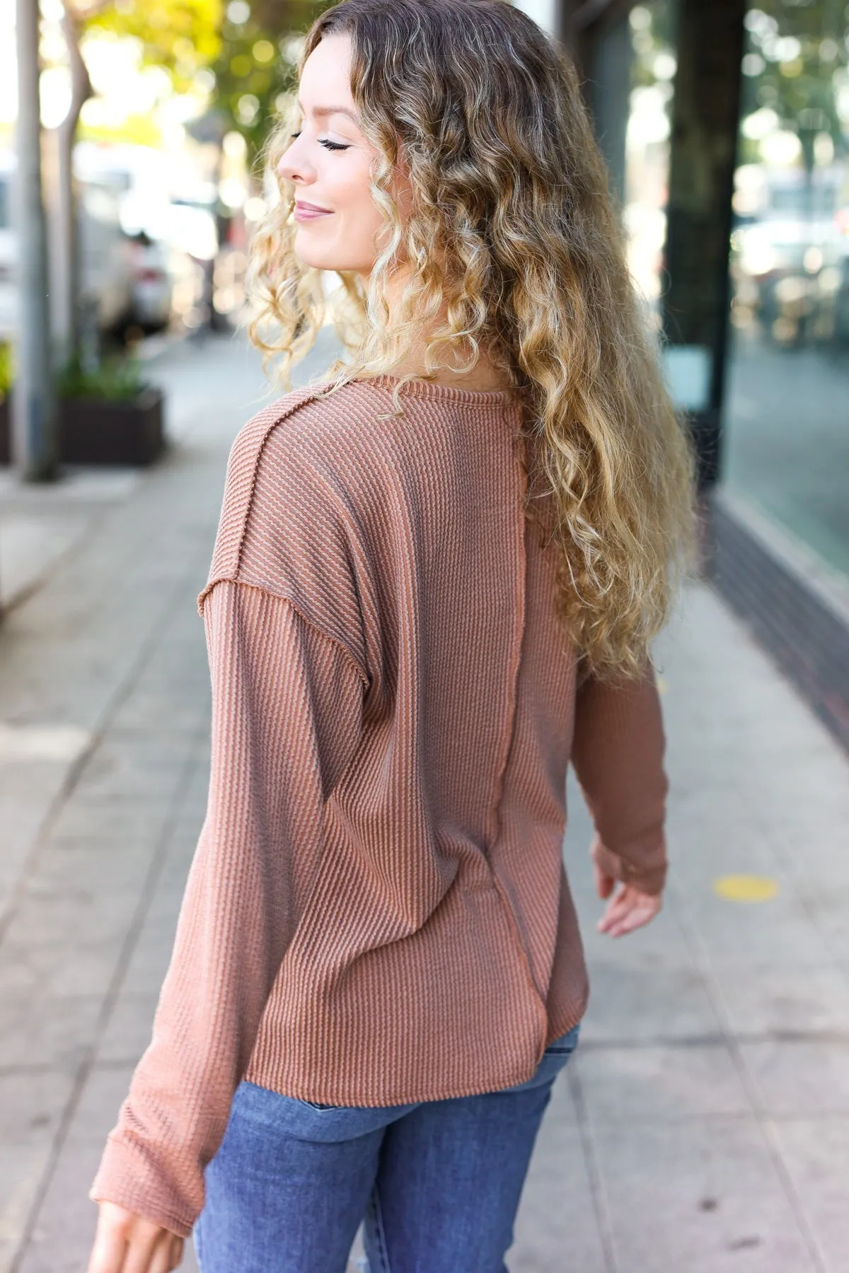Camel Mineral Wash Rib Notch Neck Pocketed Top