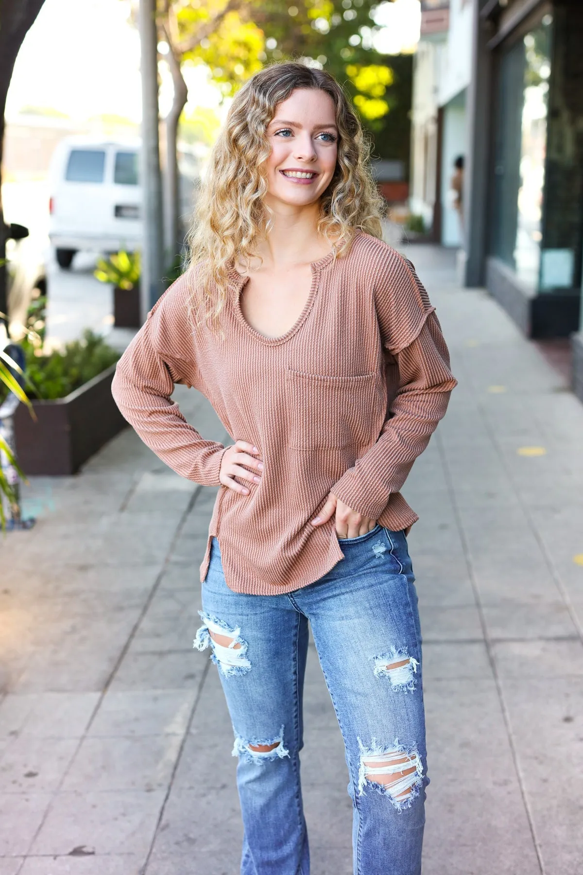 Camel Mineral Wash Rib Notch Neck Pocketed Top