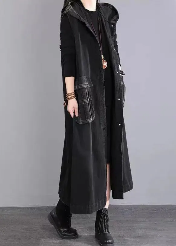 Casual Black Hooded Pockets Patchwork Long Denim Vest Sleeveless ML0553