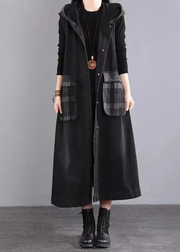 Casual Black Hooded Pockets Patchwork Long Denim Vest Sleeveless ML0553