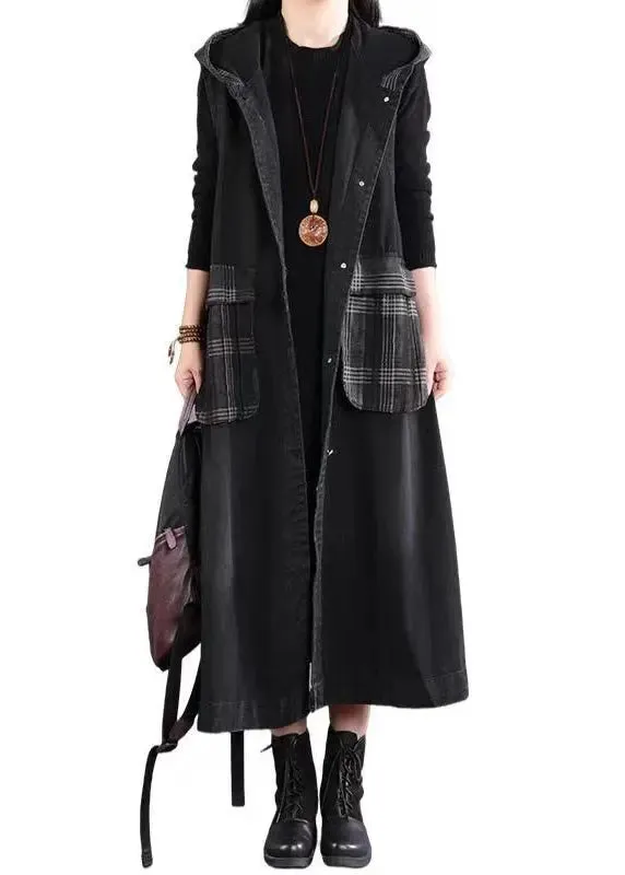 Casual Black Hooded Pockets Patchwork Long Denim Vest Sleeveless ML0553