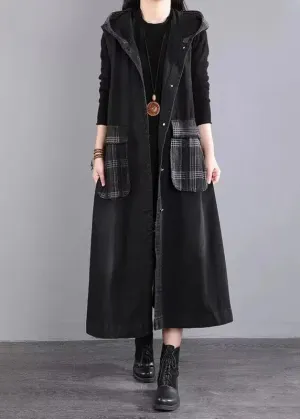 Casual Black Hooded Pockets Patchwork Long Denim Vest Sleeveless ML0553