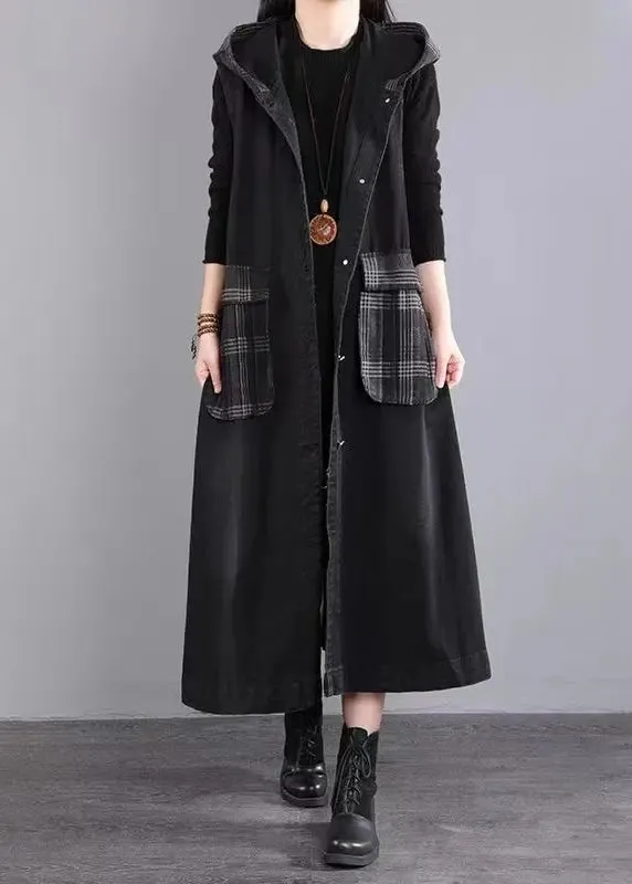 Casual Black Hooded Pockets Patchwork Long Denim Vest Sleeveless ML0553