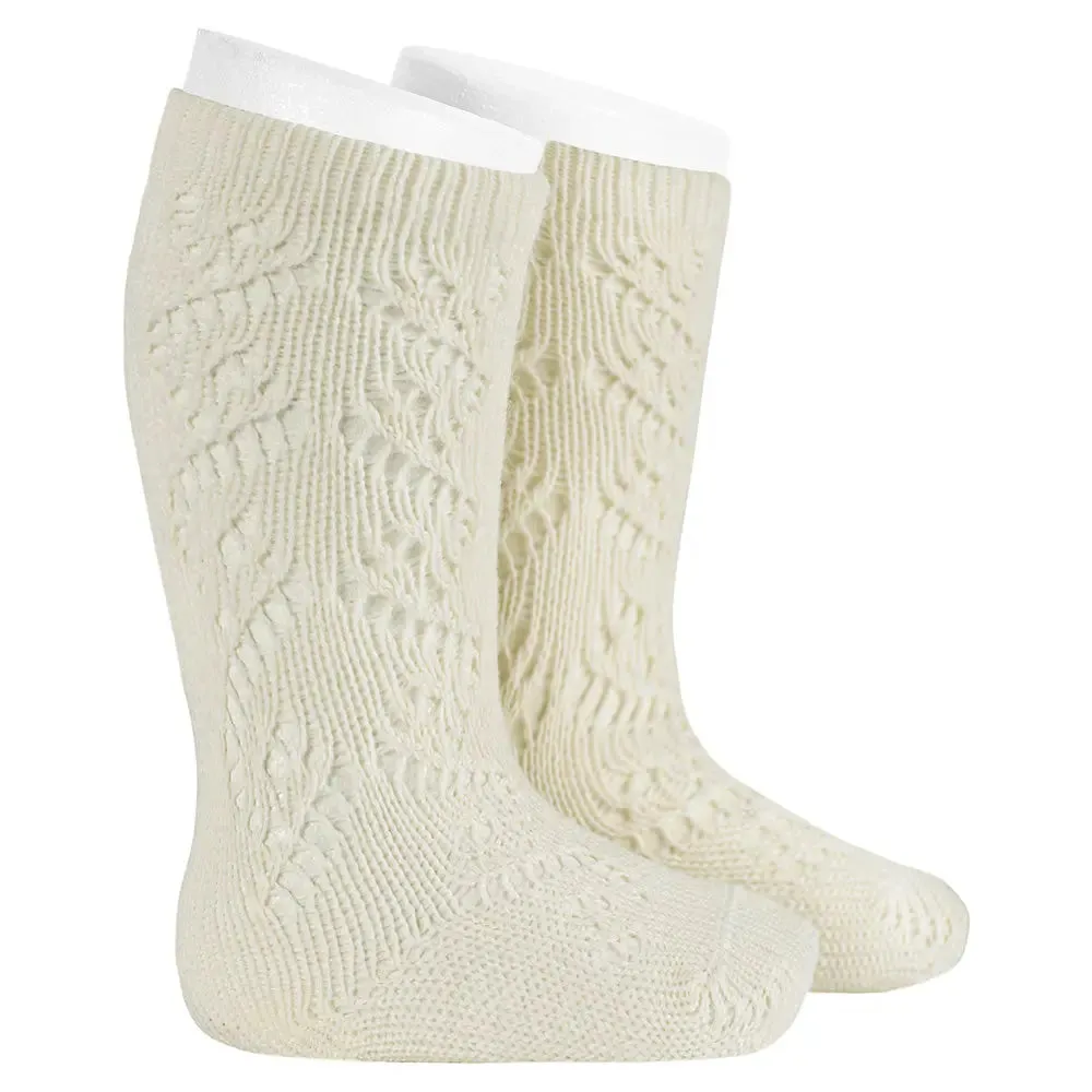 CÓNDOR Merino Wool-Blend Knee Socks With Openwork Hearts- Beige
