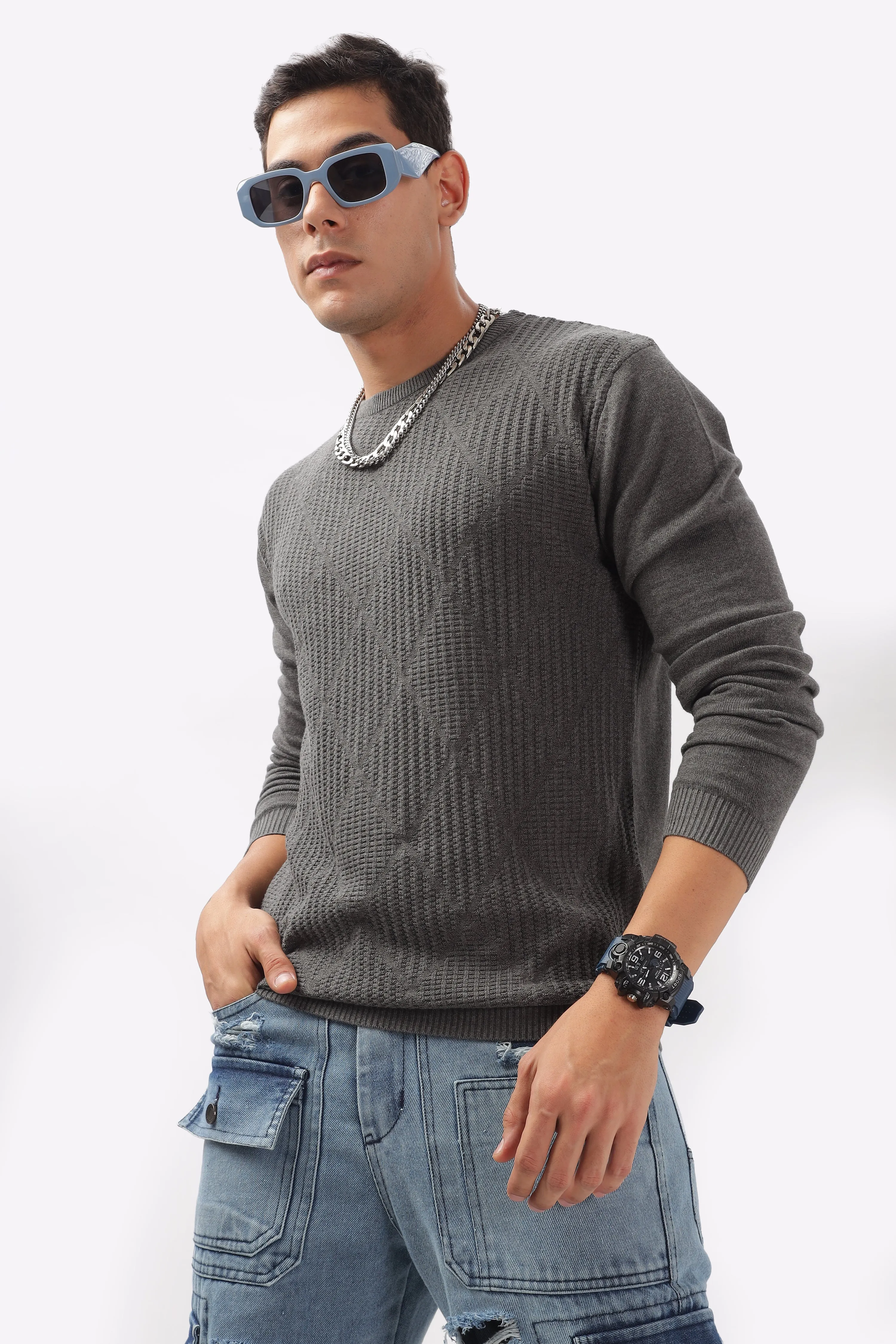 Diamond Knitted Gray Full-Sleeve T-Shirt
