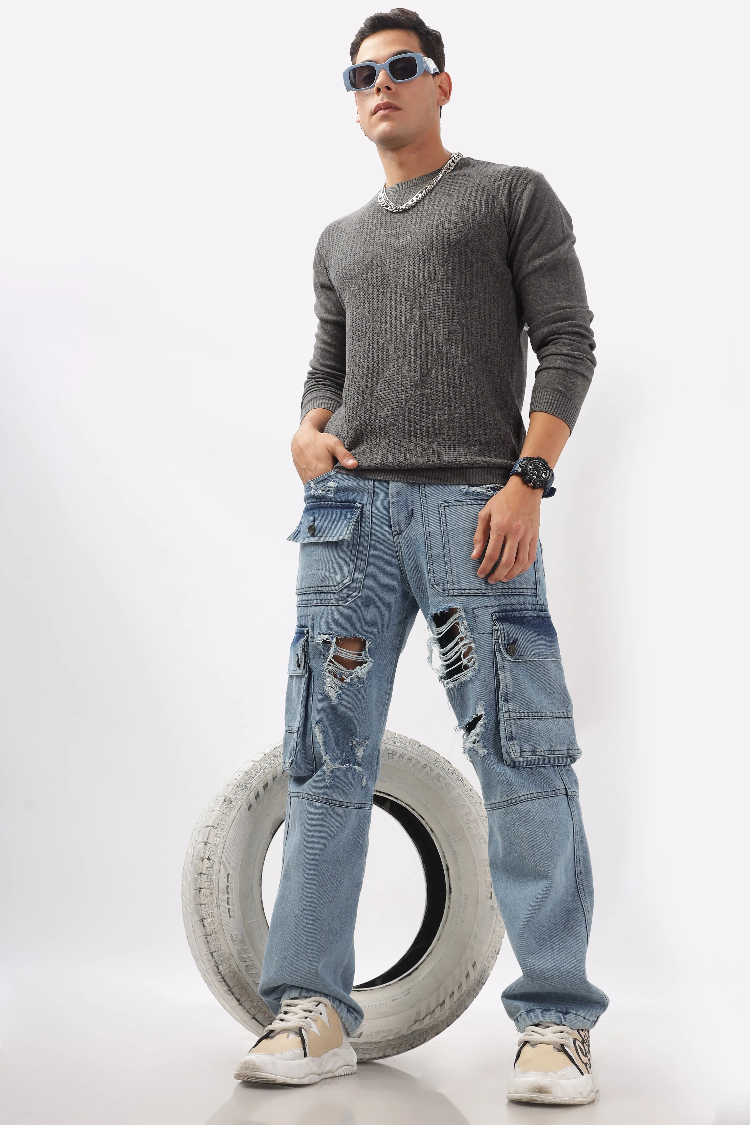 Diamond Knitted Gray Full-Sleeve T-Shirt