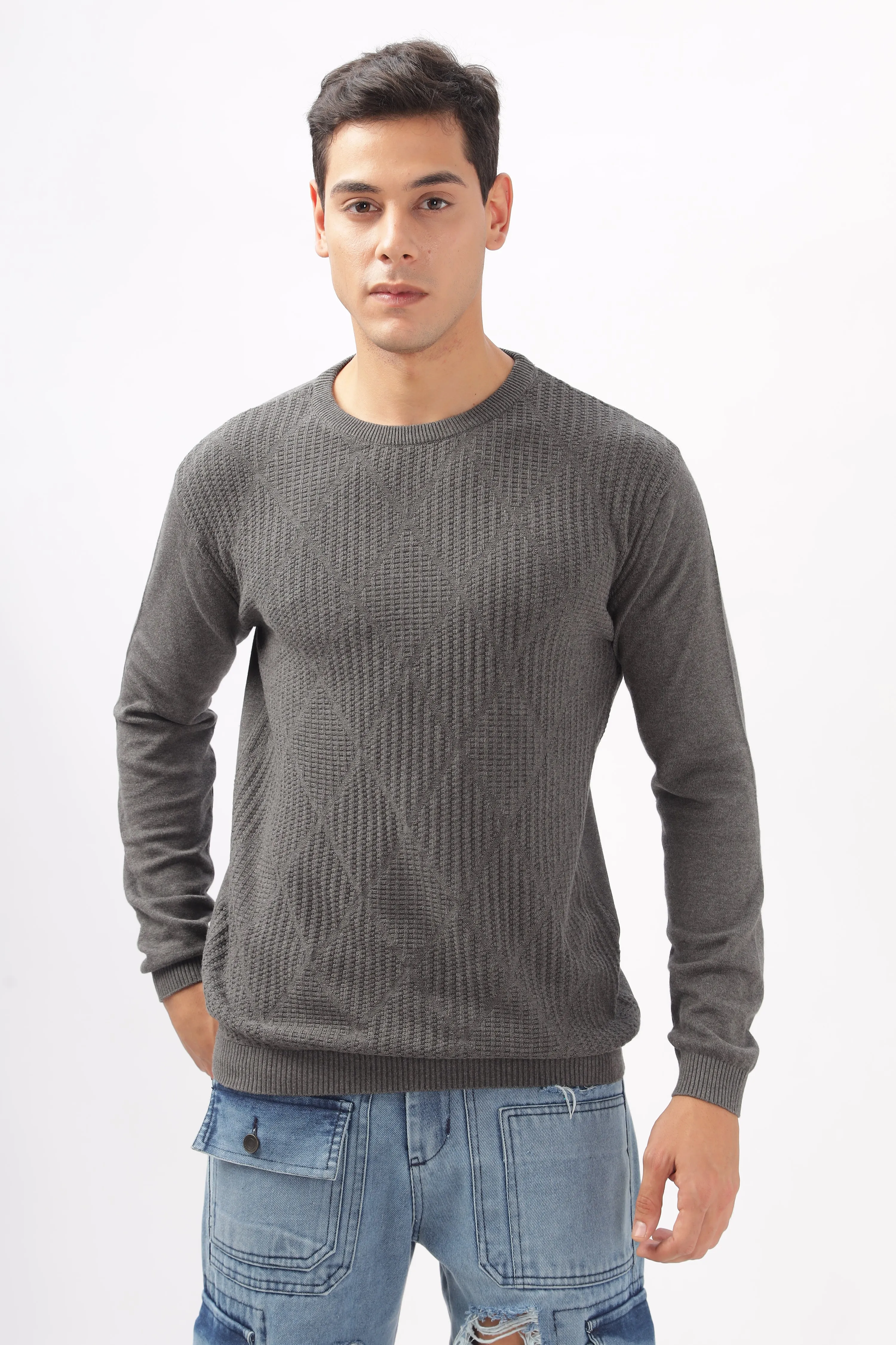 Diamond Knitted Gray Full-Sleeve T-Shirt