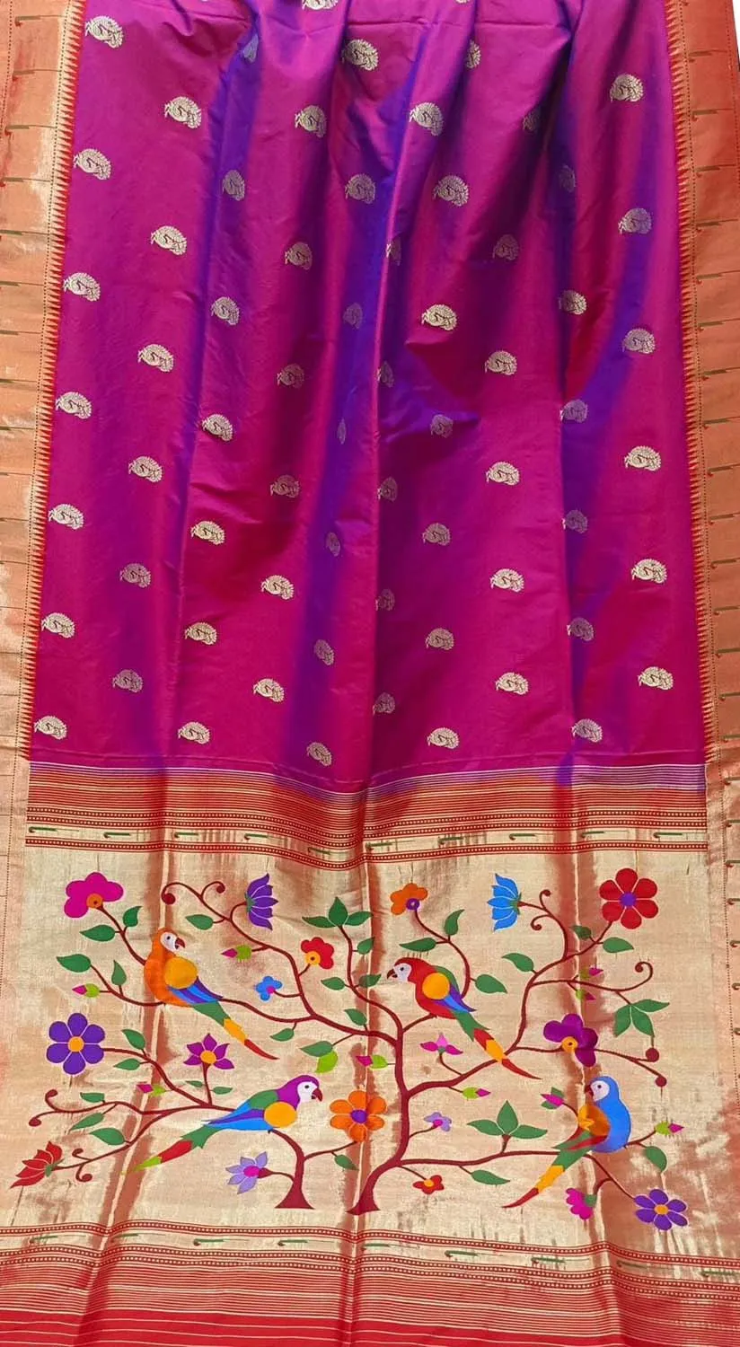 Elegant Purple Handloom Paithani Silk Saree with Muniya Border