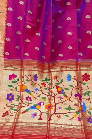Elegant Purple Handloom Paithani Silk Saree with Muniya Border