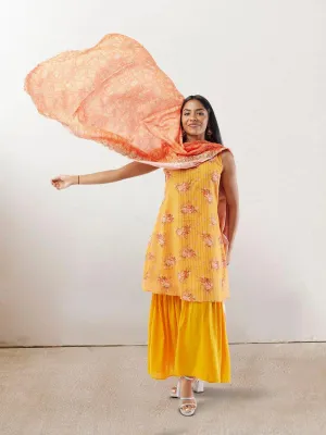 EthnoChic - Yellow Floral Print Crushed Sharara Suit