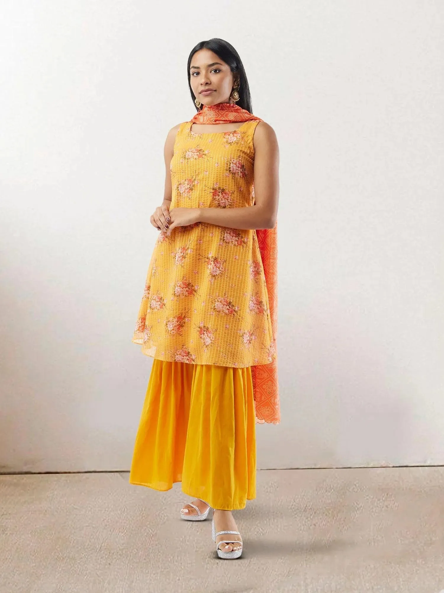 EthnoChic - Yellow Floral Print Crushed Sharara Suit