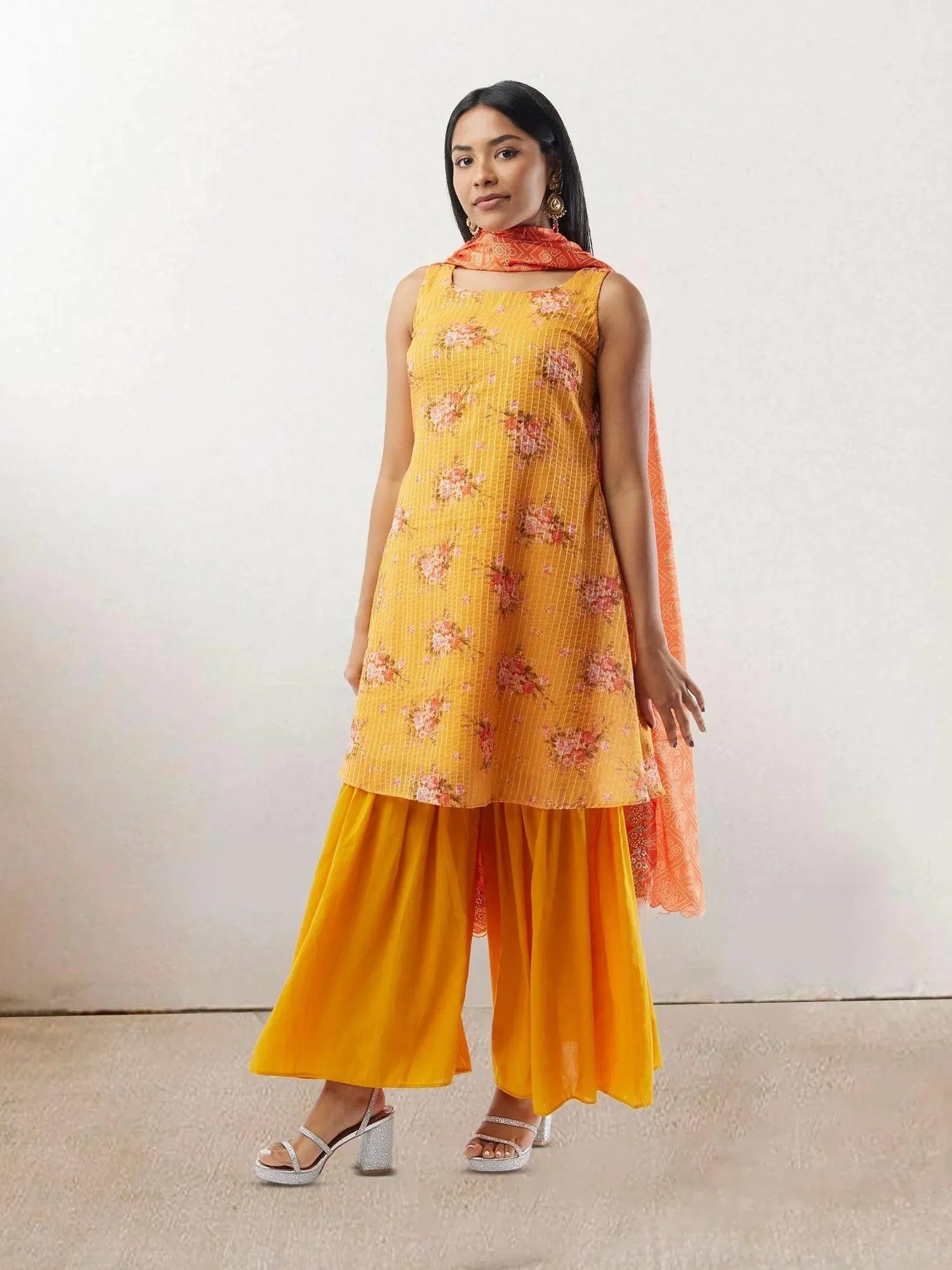 EthnoChic - Yellow Floral Print Crushed Sharara Suit