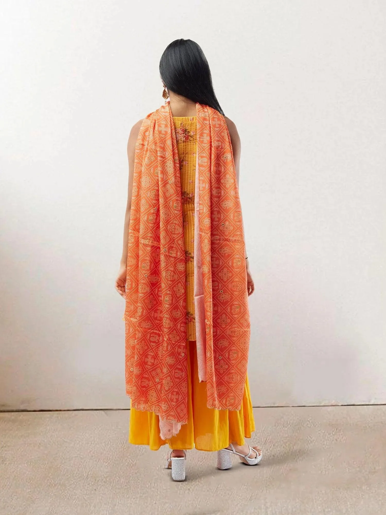 EthnoChic - Yellow Floral Print Crushed Sharara Suit
