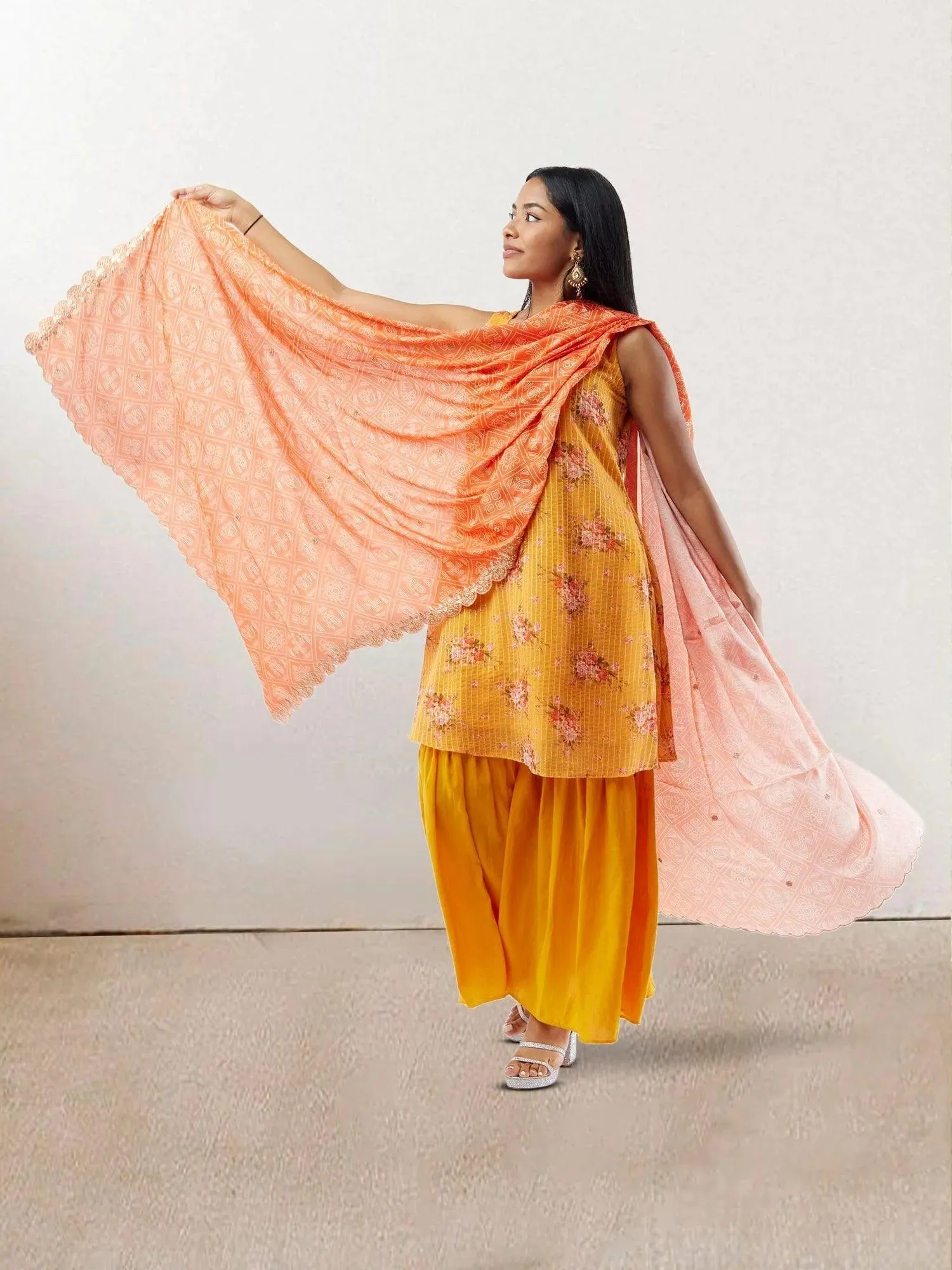 EthnoChic - Yellow Floral Print Crushed Sharara Suit