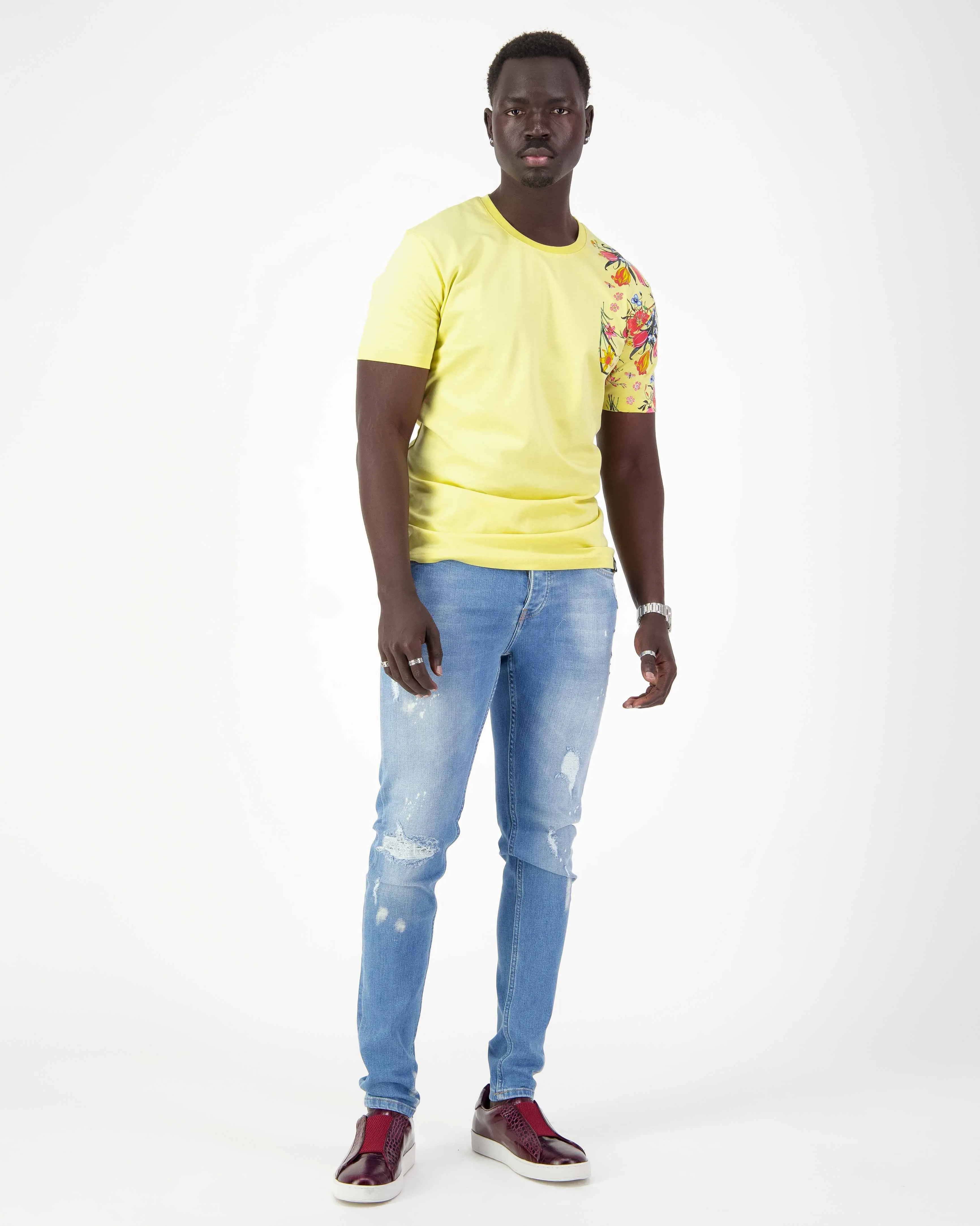Fine Cotton T-shirt with Shoulder Floral Print - Yellow