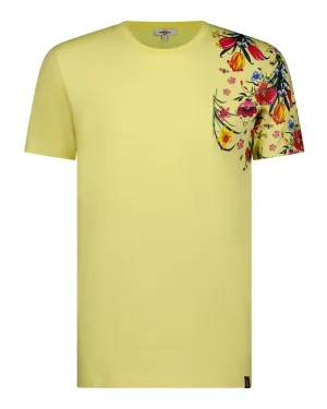 Fine Cotton T-shirt with Shoulder Floral Print - Yellow