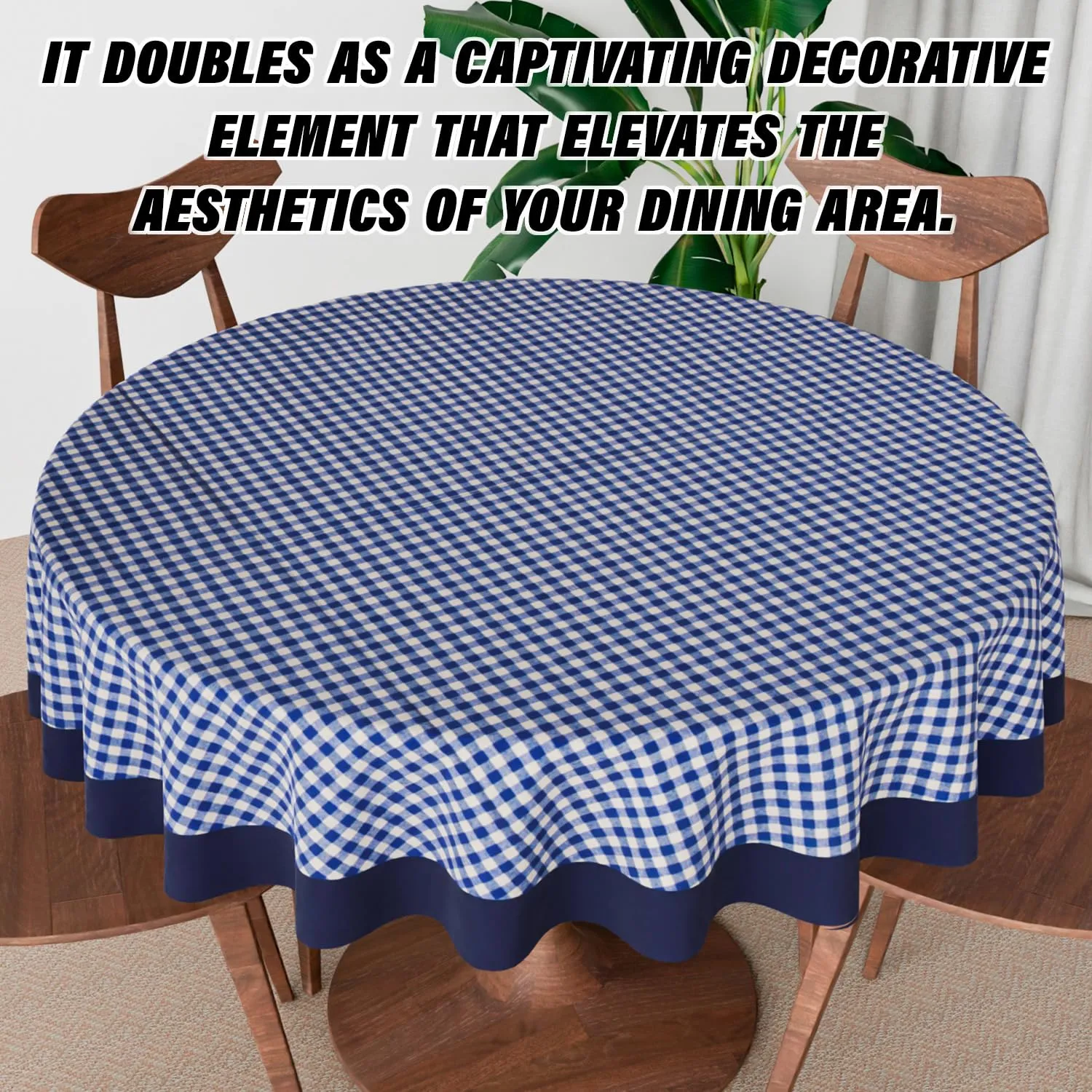 Heart Home Round Table Cover | Cotton Table Cloth for Round Tables | 4 Seater Round Table Cloth | Barik Check Kitchen Dining Tablecloth | Tabletop Cover | 60 Inch | Blue