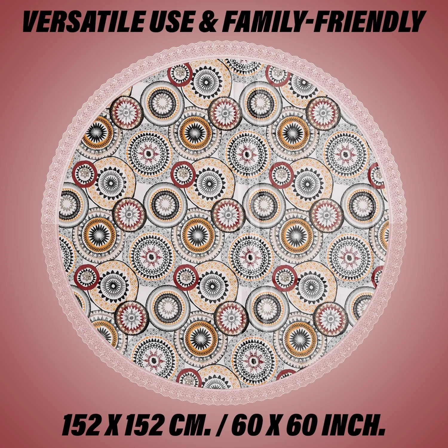 Heart Home Round Table Cover | PVC Table Cloth for Round Tables | 4 Seater Round Table Cloth | Rangoli Kitchen Dining Tablecloth | Tabletop Cover | 60 Inch | White