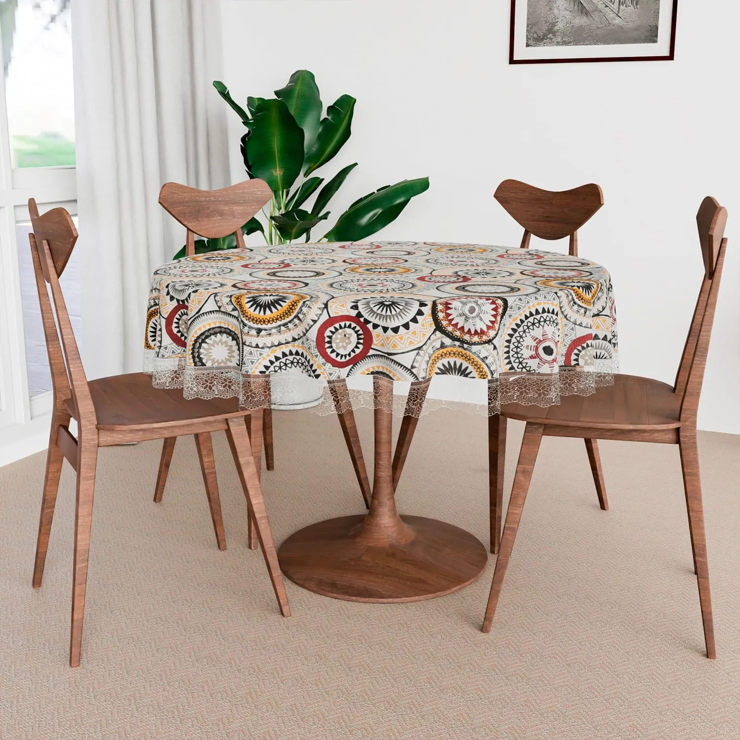 Heart Home Round Table Cover | PVC Table Cloth for Round Tables | 4 Seater Round Table Cloth | Rangoli Kitchen Dining Tablecloth | Tabletop Cover | 60 Inch | White