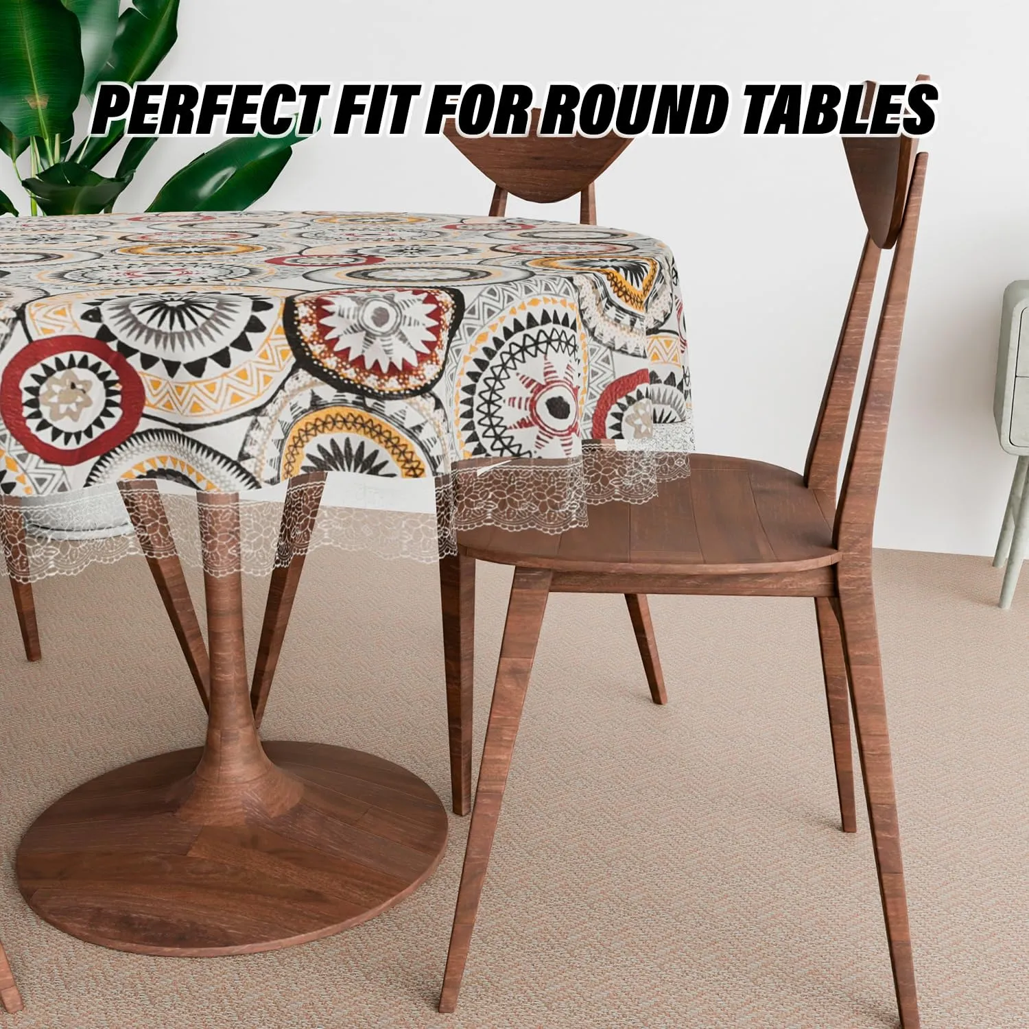 Heart Home Round Table Cover | PVC Table Cloth for Round Tables | 4 Seater Round Table Cloth | Rangoli Kitchen Dining Tablecloth | Tabletop Cover | 60 Inch | White