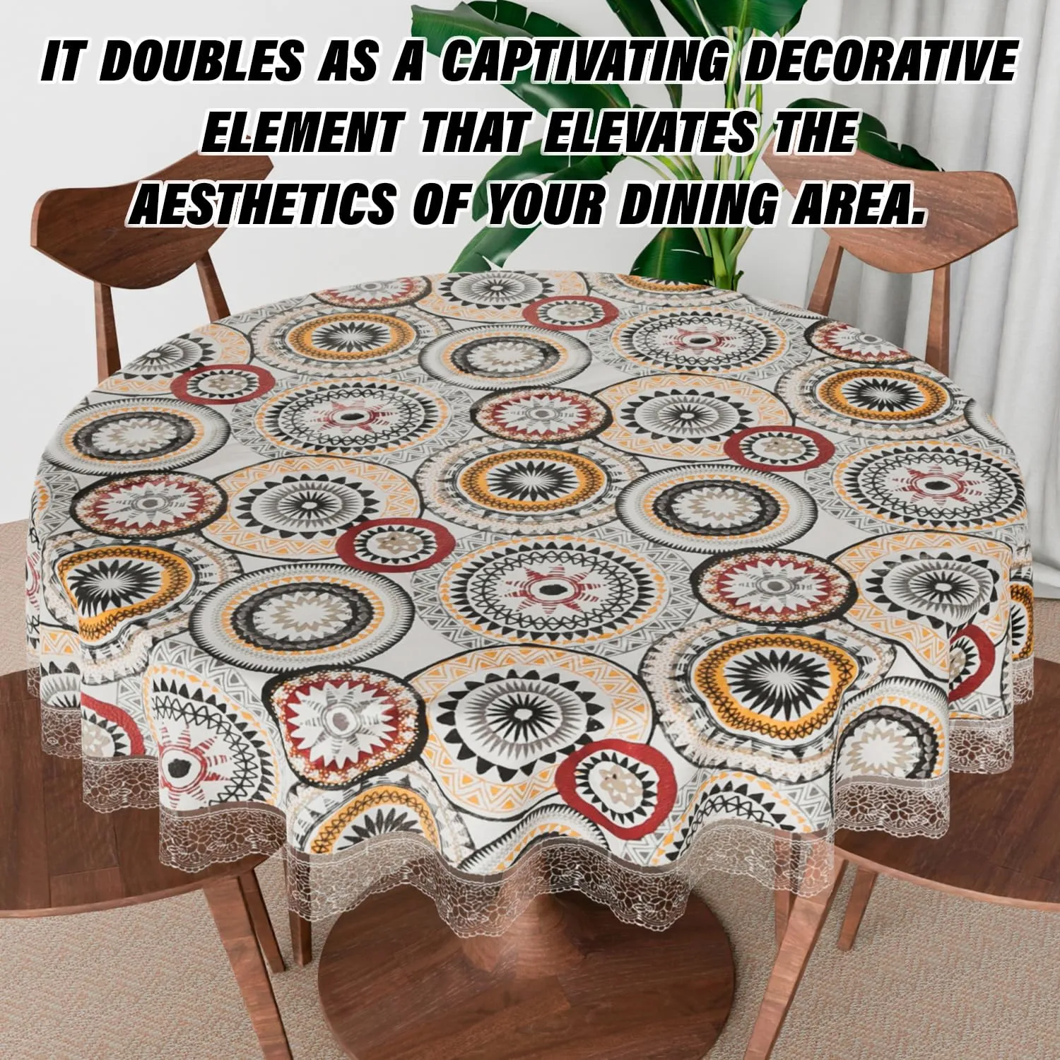 Heart Home Round Table Cover | PVC Table Cloth for Round Tables | 4 Seater Round Table Cloth | Rangoli Kitchen Dining Tablecloth | Tabletop Cover | 60 Inch | White
