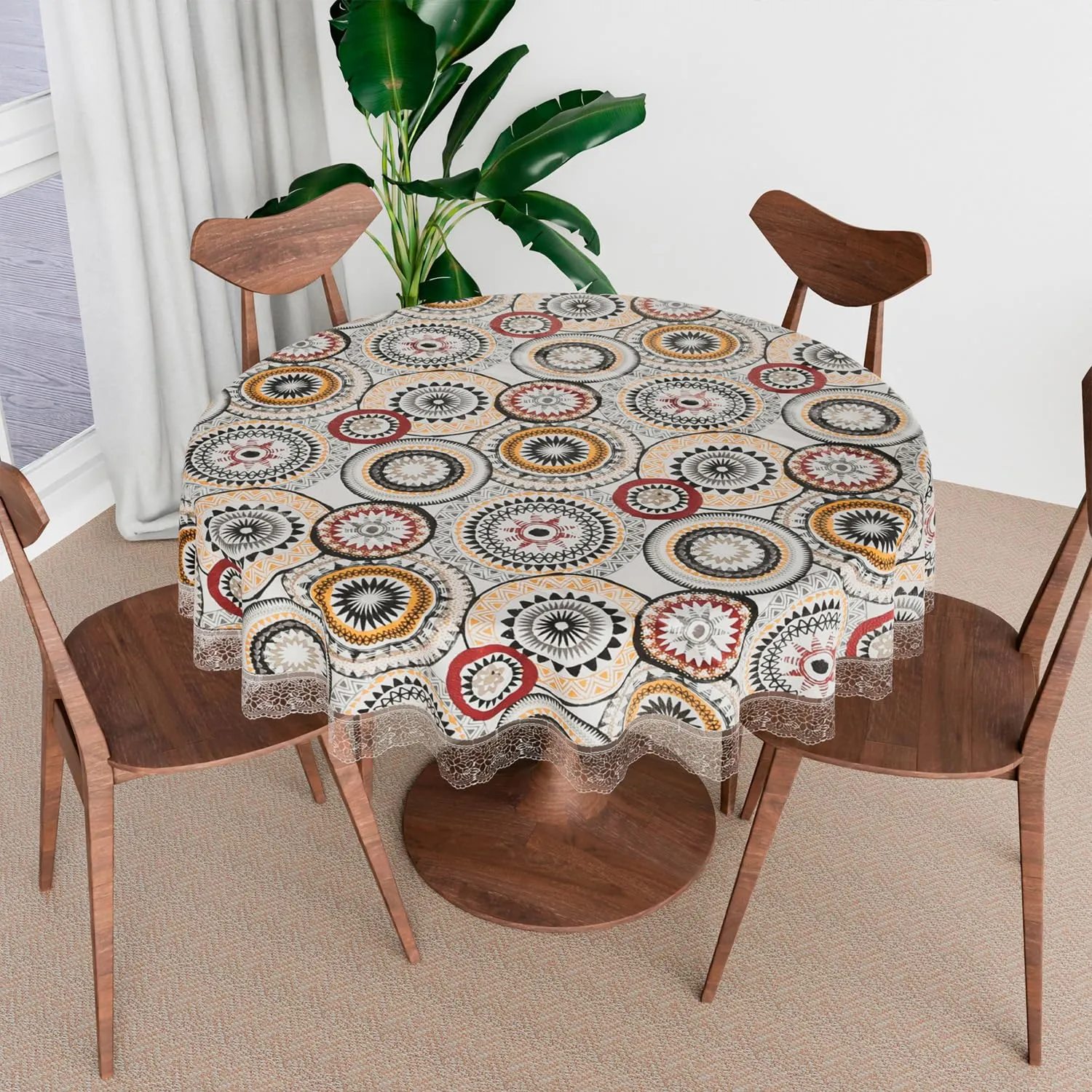 Heart Home Round Table Cover | PVC Table Cloth for Round Tables | 4 Seater Round Table Cloth | Rangoli Kitchen Dining Tablecloth | Tabletop Cover | 60 Inch | White