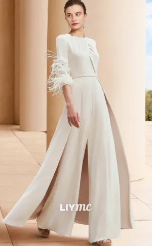 M1029 - Jumpsuit  Pantsuit Mother of the Bride Dress  Half Sleeve with Feather Crystals
