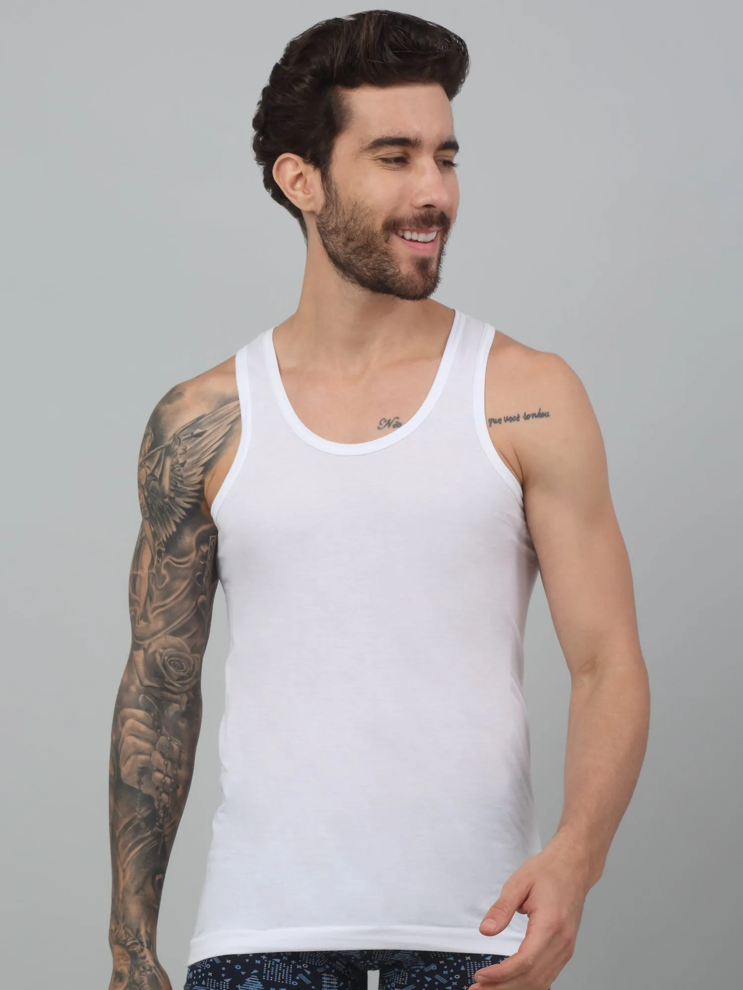 Men White Set of 2 Round Neck Cotton Vest