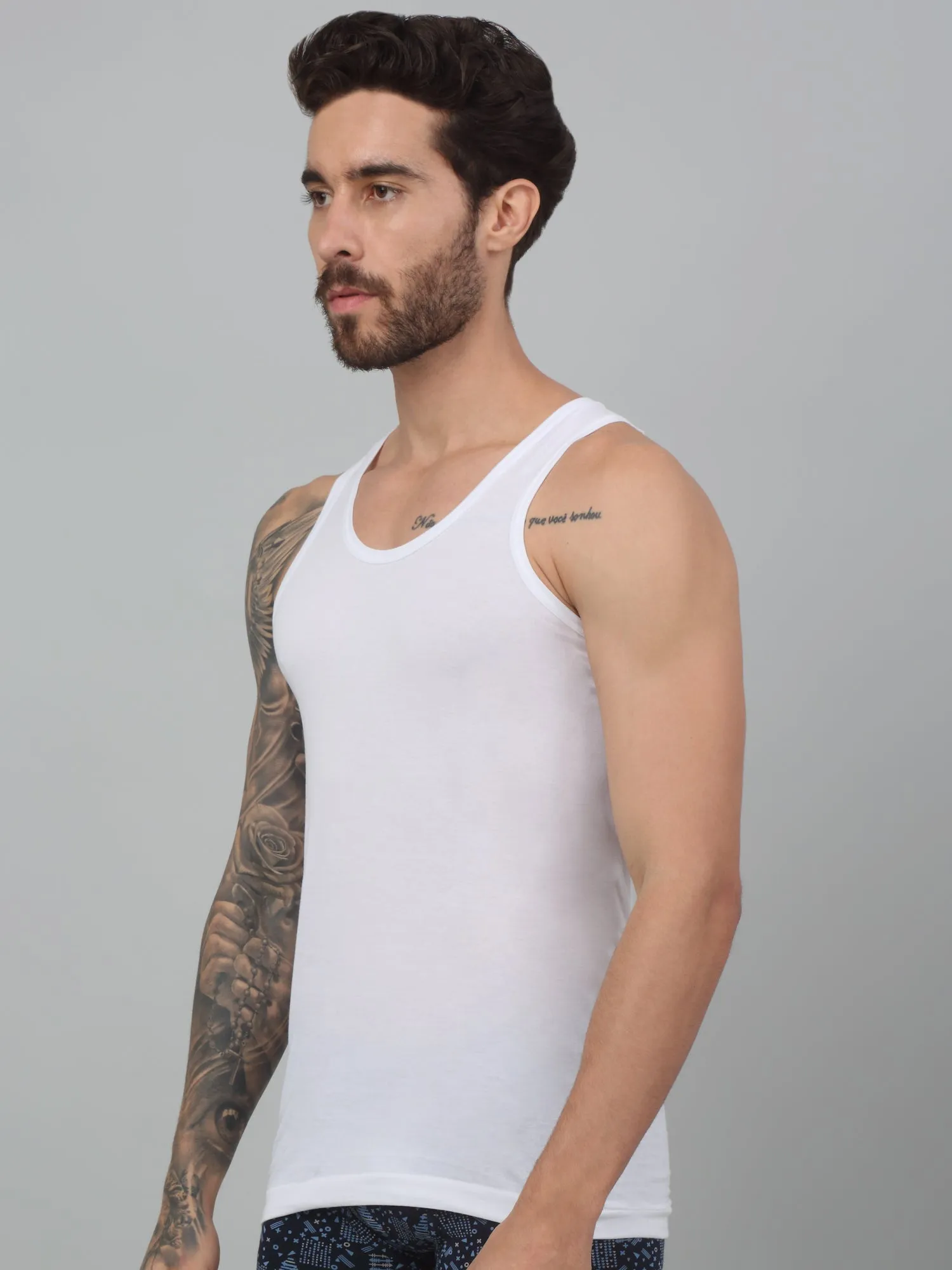 Men White Set of 2 Round Neck Cotton Vest