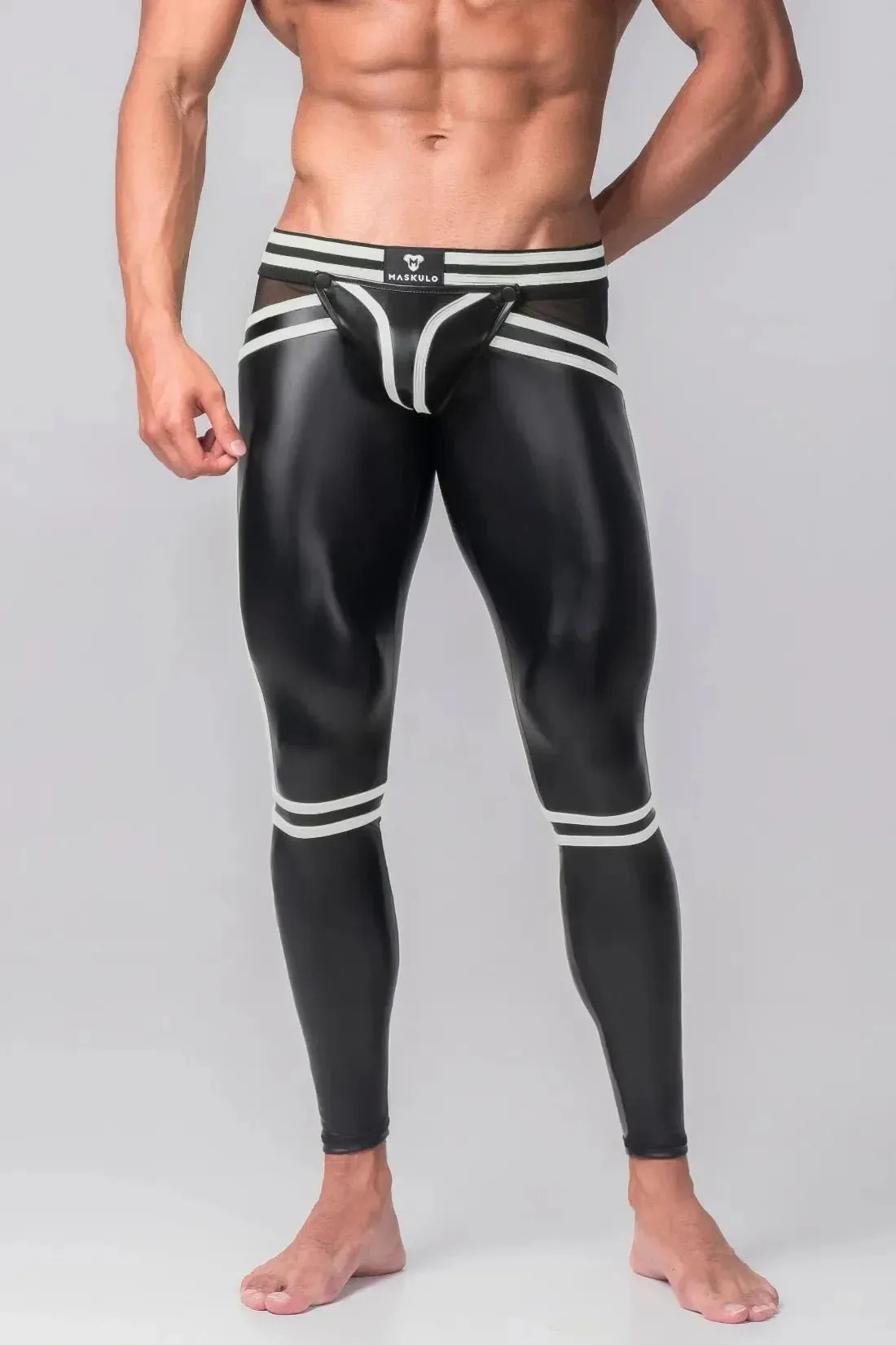 Men's Leggings. Codpiece. Zippered Rear. Black and White Neon