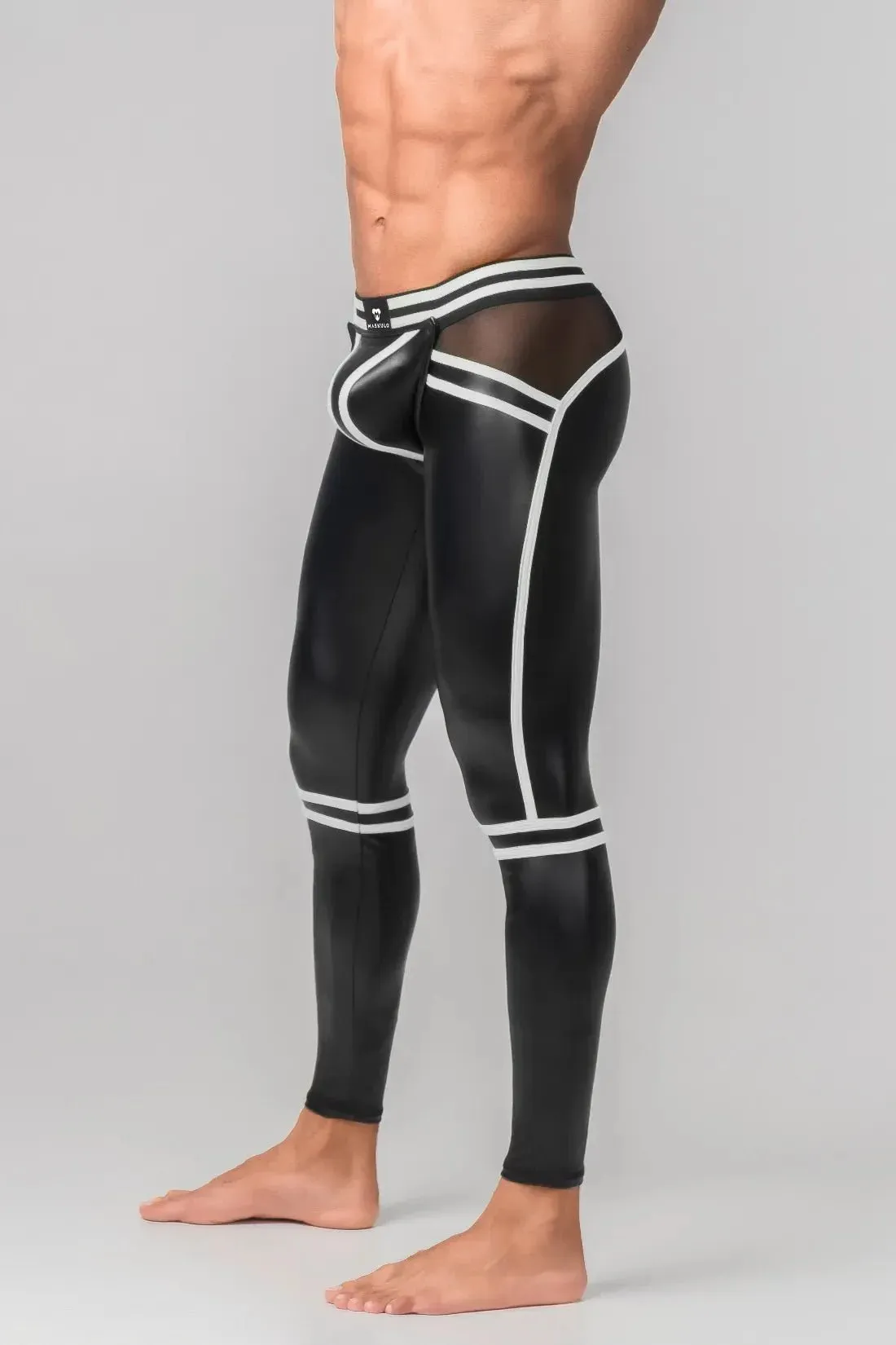 Men's Leggings. Codpiece. Zippered Rear. Black and White Neon