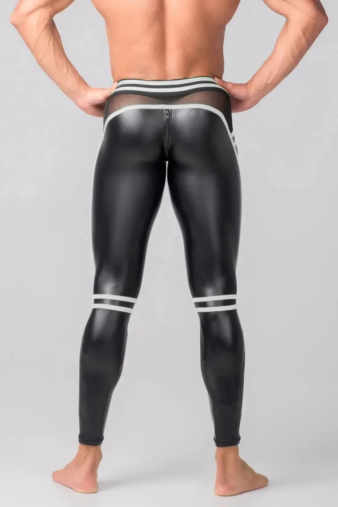 Men's Leggings. Codpiece. Zippered Rear. Black and White Neon