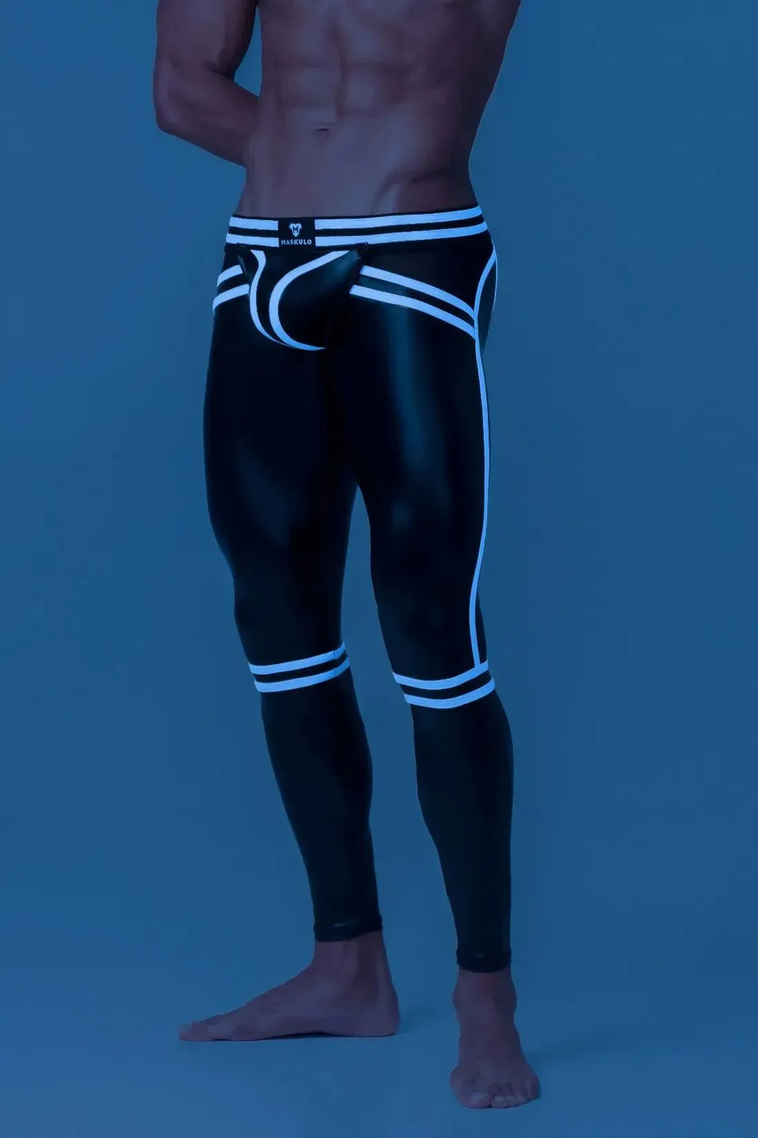Men's Leggings. Codpiece. Zippered Rear. Black and White Neon