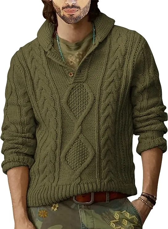 Men's White Cable Knit Long Sleeve Button Neck Sweater