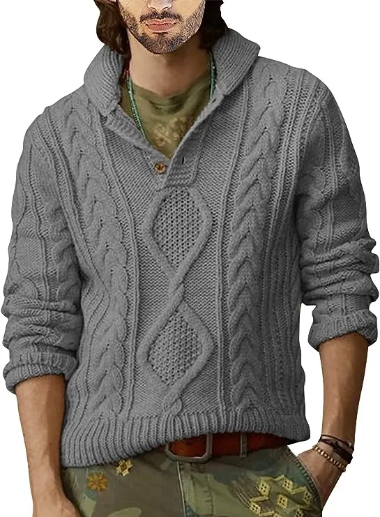 Men's White Cable Knit Long Sleeve Button Neck Sweater