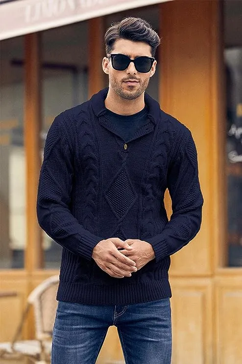 Men's White Cable Knit Long Sleeve Button Neck Sweater