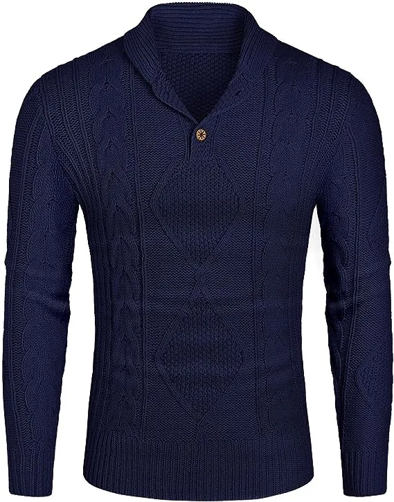 Men's White Cable Knit Long Sleeve Button Neck Sweater