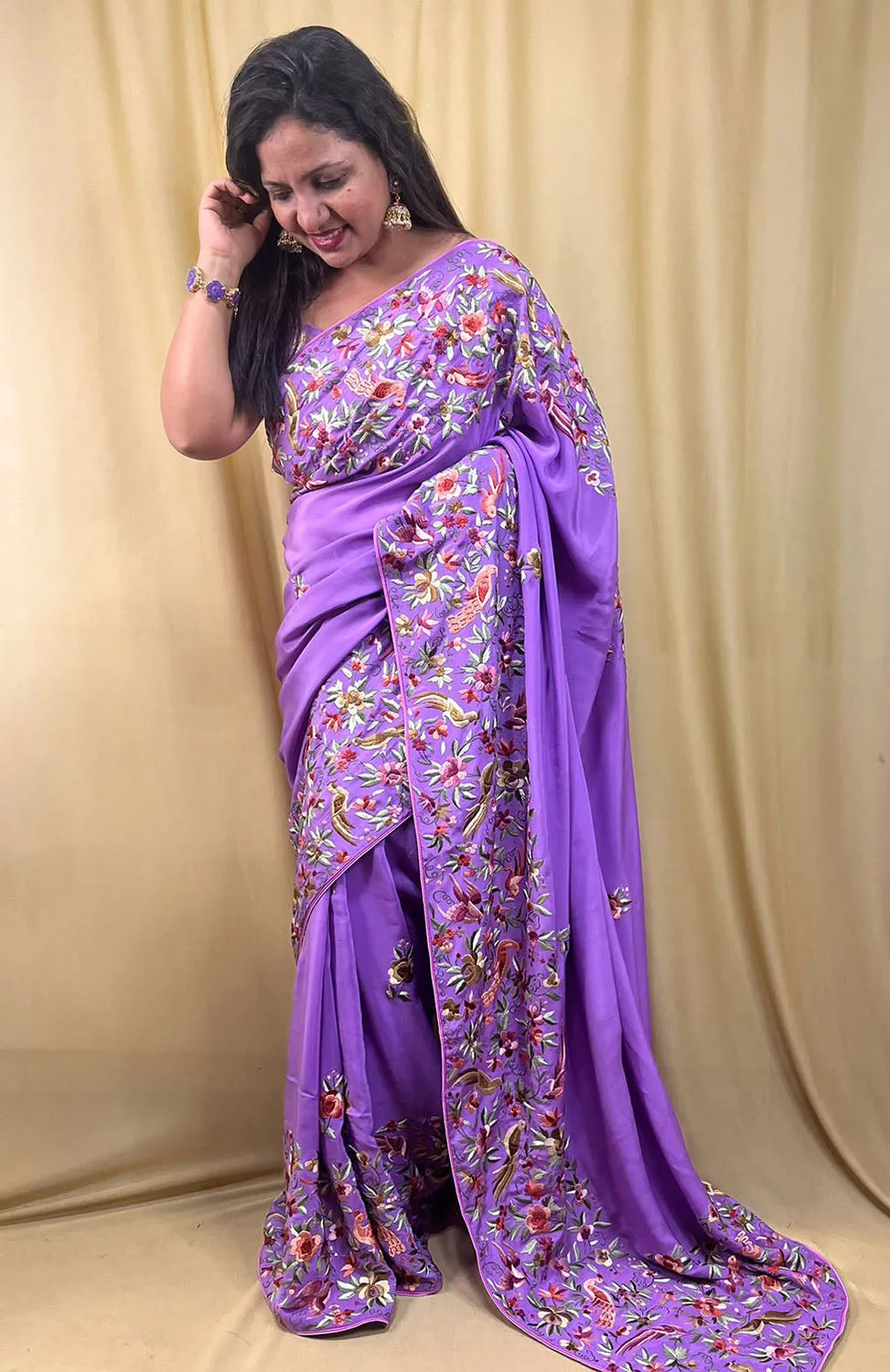 Parsi Gara Crepe Saree: Exquisite Hand Embroidery in Regal Purple