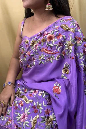 Parsi Gara Crepe Saree: Exquisite Hand Embroidery in Regal Purple